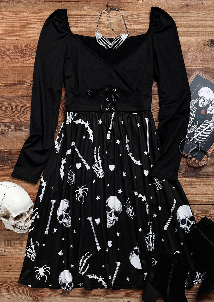 Halloween Skeleton Hand Lace Up Mini Dress - Black