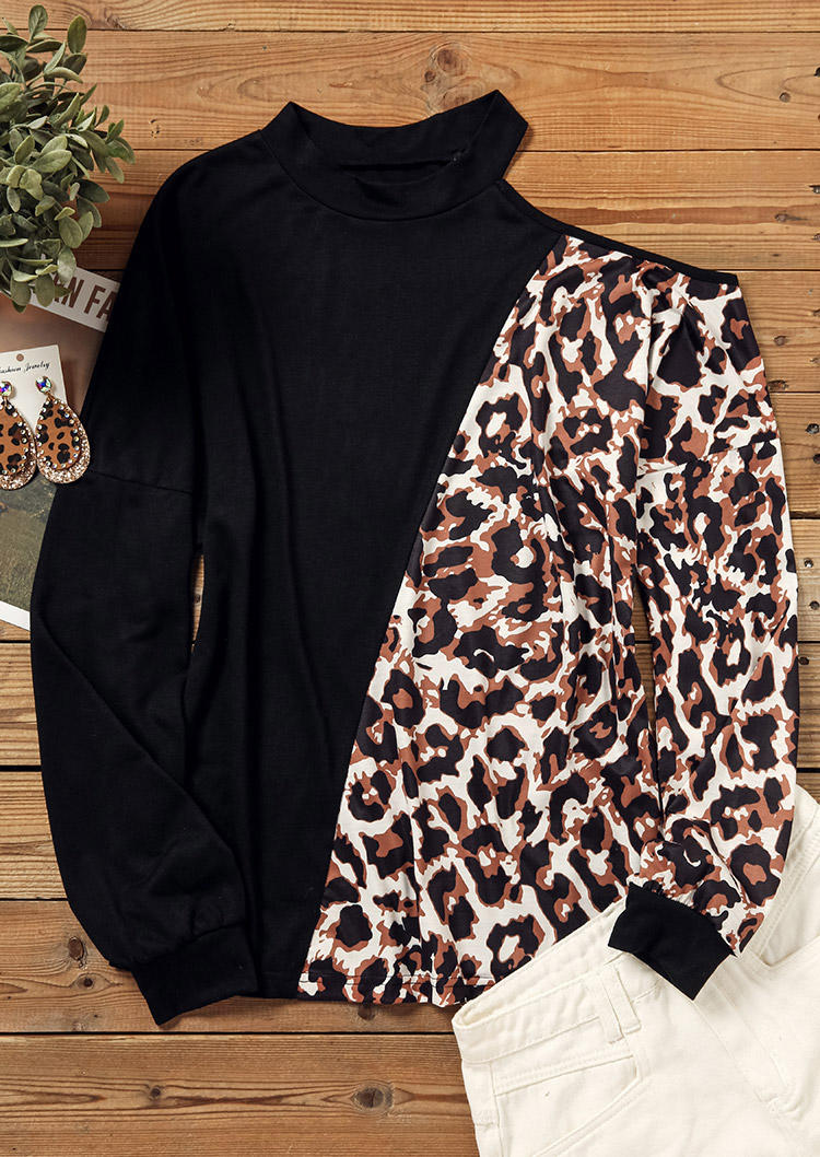 Leopard Color Block One Sided Cold Shoulder Blouse - Black