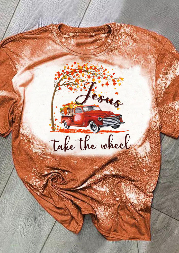 T-shirts Tees Jesus Take The Wheel Maple Leaf Bleached T-Shirt Tee in Orange. Size: L,M,XL