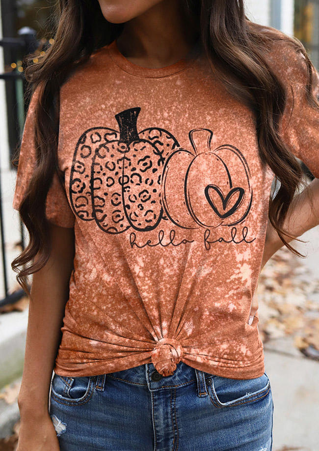 Hello Fall Pumpkin Leopard Heart Tie Dye T-Shirt Tee - Orange