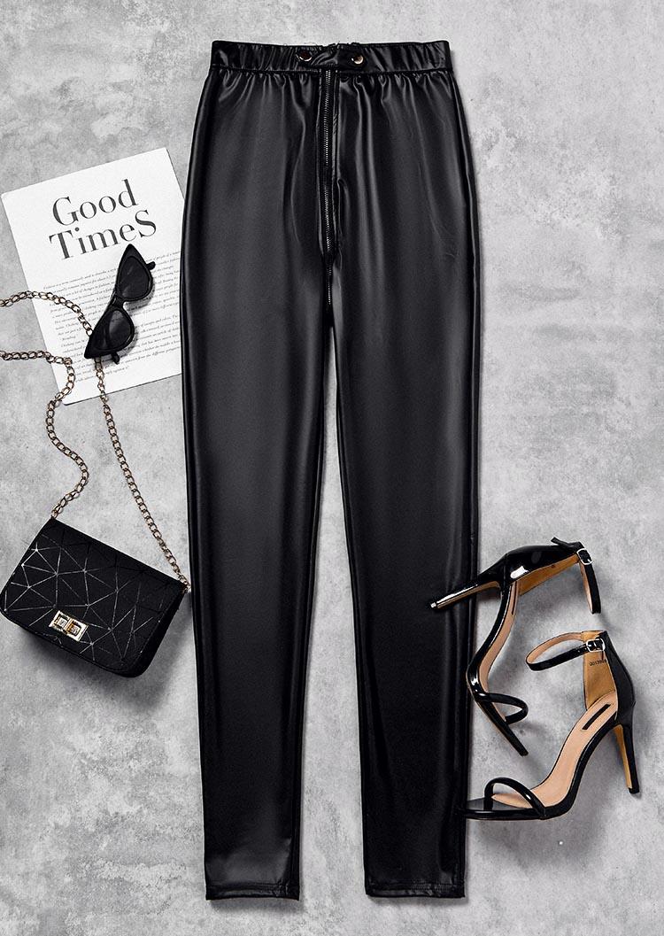 

Pants Zipper Pocket Button Skinny Pants in Black. Size