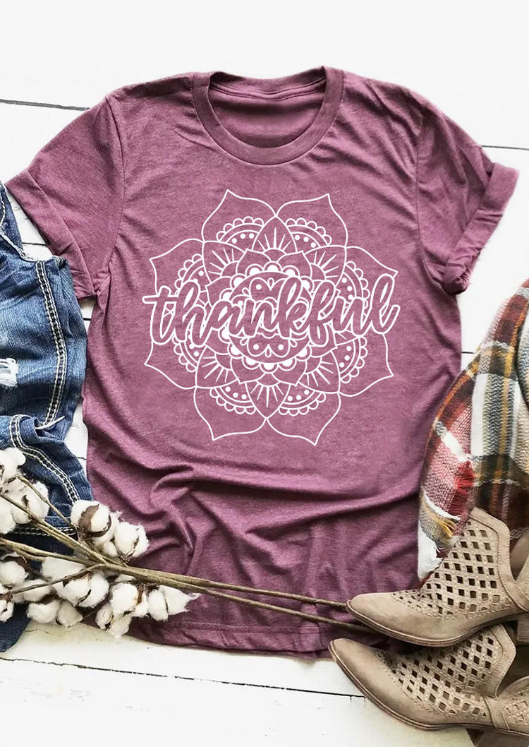 T-shirts Tees Thanksgiving Thankful Floral O-Neck T-Shirt Tee in Purple. Size: L,M,S