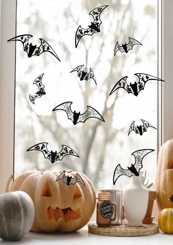 14Pcs Halloween Bat Wall Decor Stickers in Black. Size: One Size