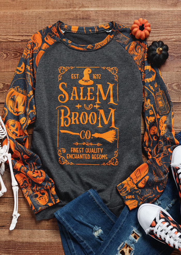 Halloween Salem Broom Pumpkin Face Skull Pullover Sweatshirt - Dark Gray