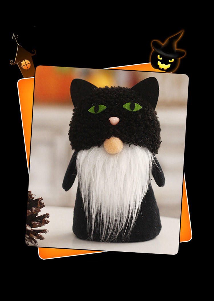 

Black Cat Pumpkin Gnomies Faceless Doll Ornament in Black. Size