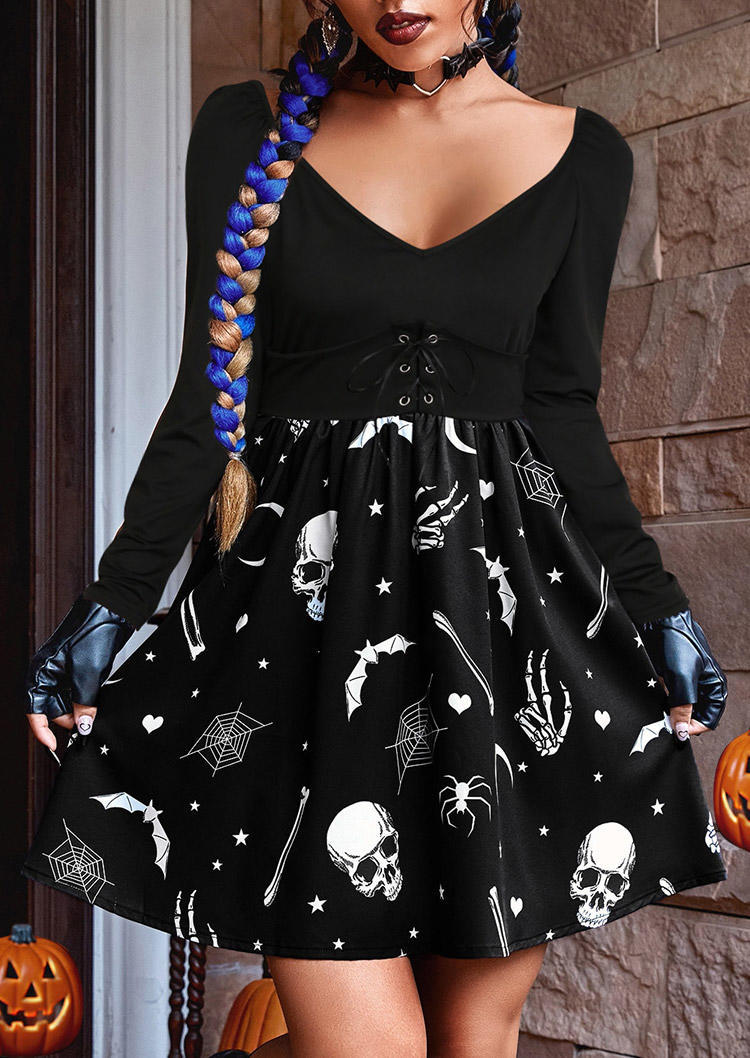 

Mini Dresses Halloween Skeleton Hand Lace Up Mini Dress in Black. Size: L,M,,XL