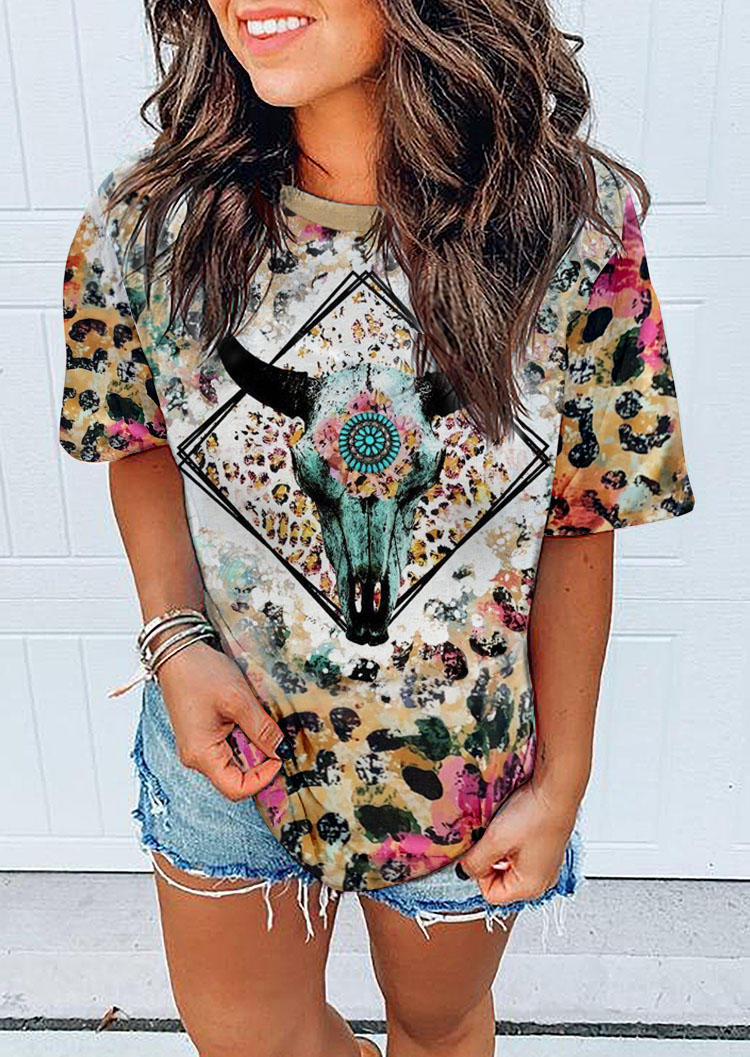 

T-shirts Tees Leopard Steer Skull O-Neck T-Shirt Tee in Multicolor. Size