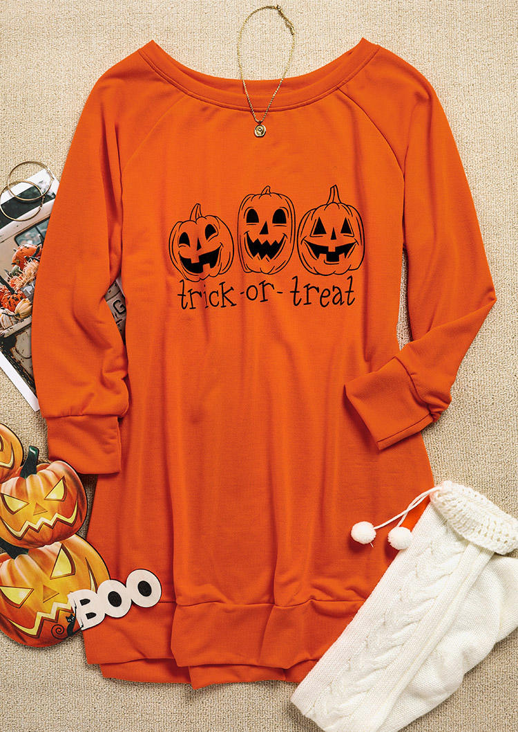 

Sweatshirt Dresses Halloween Trick Or Treat Pumpkin Face Sweatshirt Dress in Orange. Size