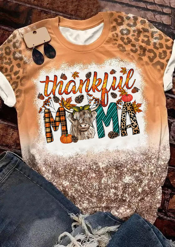 T-shirts Tees Thankful Mama Leopard Highland Cattle Bleached T-Shirt Tee in Orange. Size: L,M,S,XL