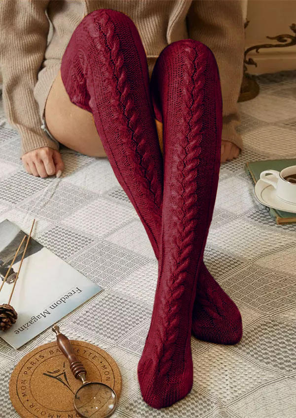 Knee-High Socks Warm Thigh-High Long Knitted Socks in Red. Size: One Size