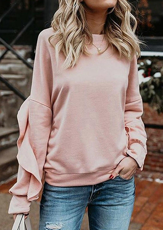 Sweatshirts Ruffled Drop Shoulder Pullover Sweatshirt - Light Pink in Pink. Size: L,S