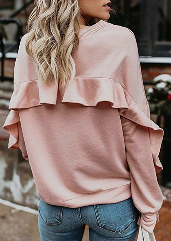 Ruffled Drop Shoulder Pullover Sweatshirt - Light Pink