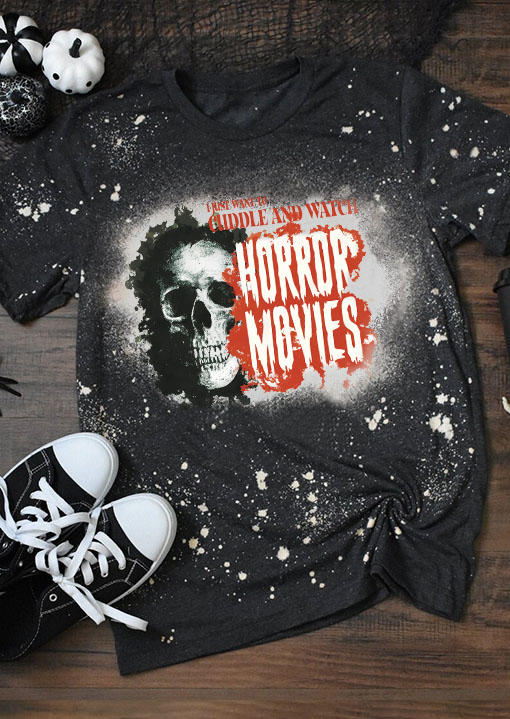 

T-shirts Tees Halloween I Just Want To Cuddle And Watch Horror Movies Skull Bleached T-Shirt Tee in Gray. Size