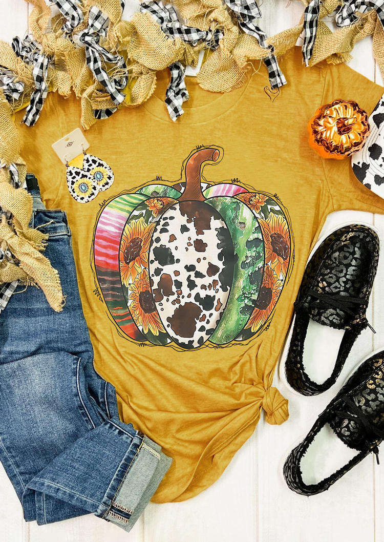 

T-shirts Tees Cow Serape Striped Sunflower Pumpkin T-Shirt Tee in Yellow. Size: L,M,,XL