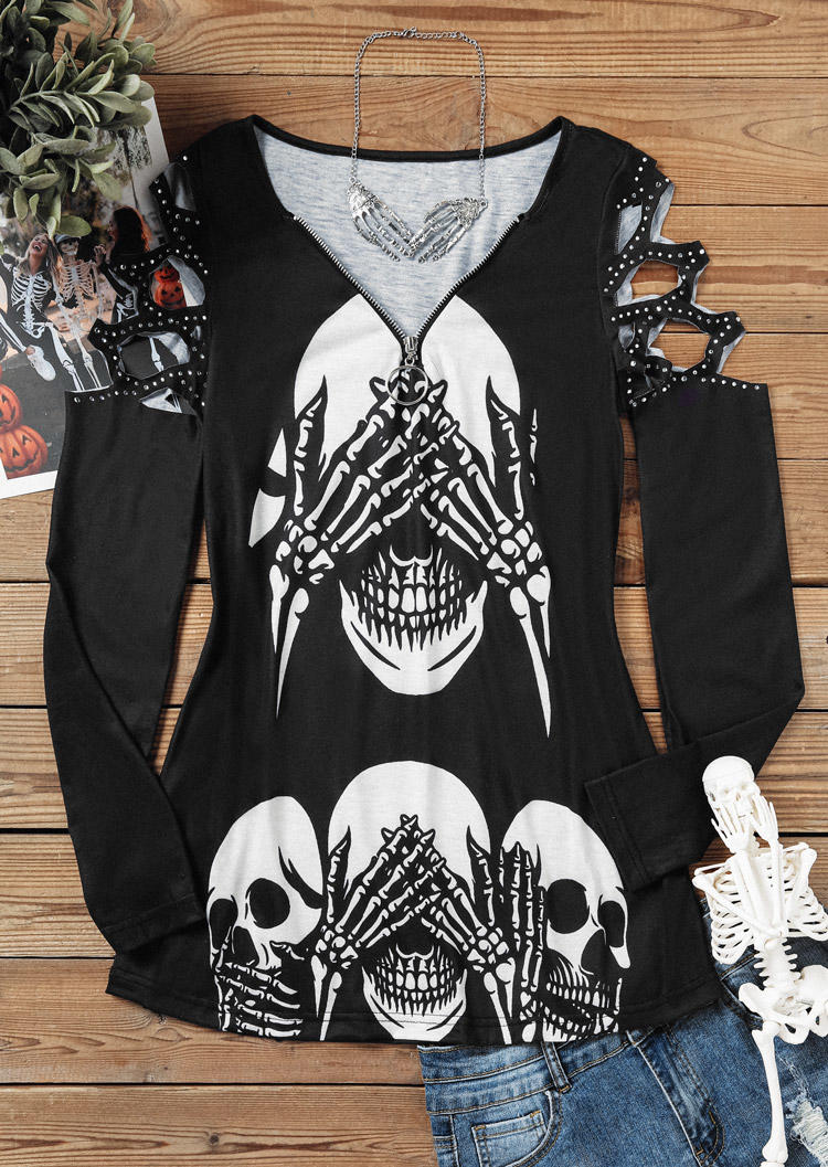 Blouses Halloween Skull Hand Rhinestone Hollow Out Zipper Blouse in Black. Size: L,M