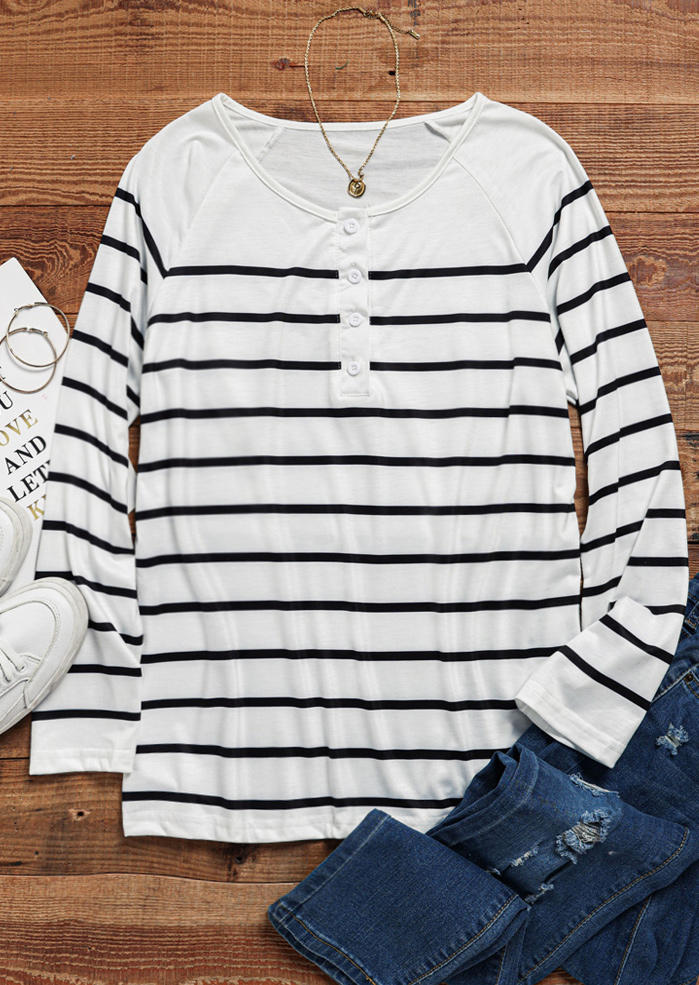 Striped Button Long Sleeve Blouse - White