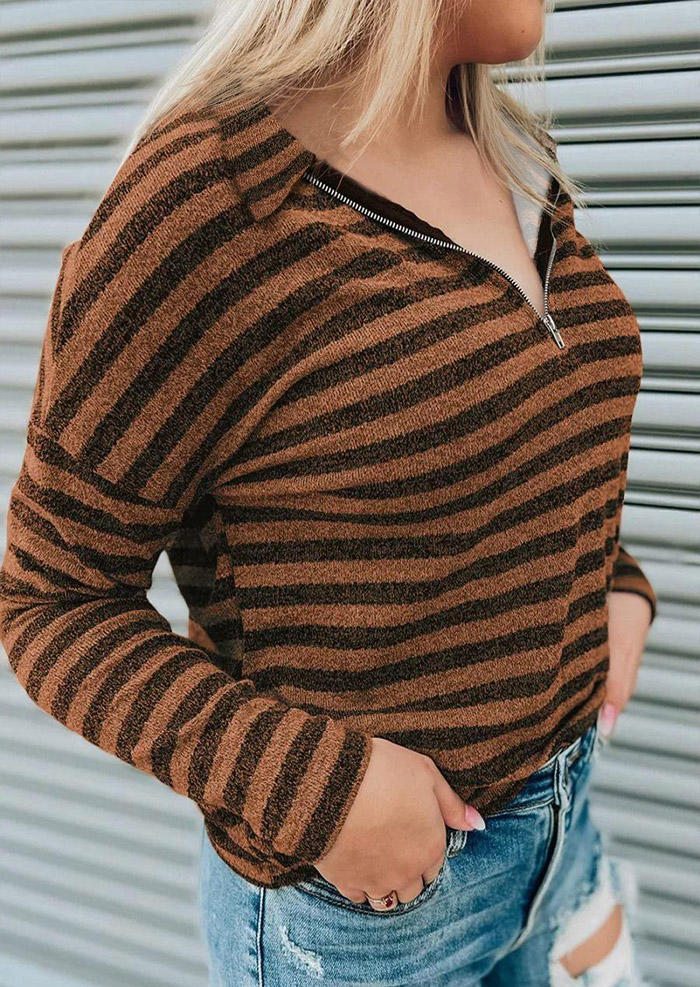 Sweatshirts Striped Zipper Turn-Down Collar Sweatshirt in Brown. Size: L,M,S,XL