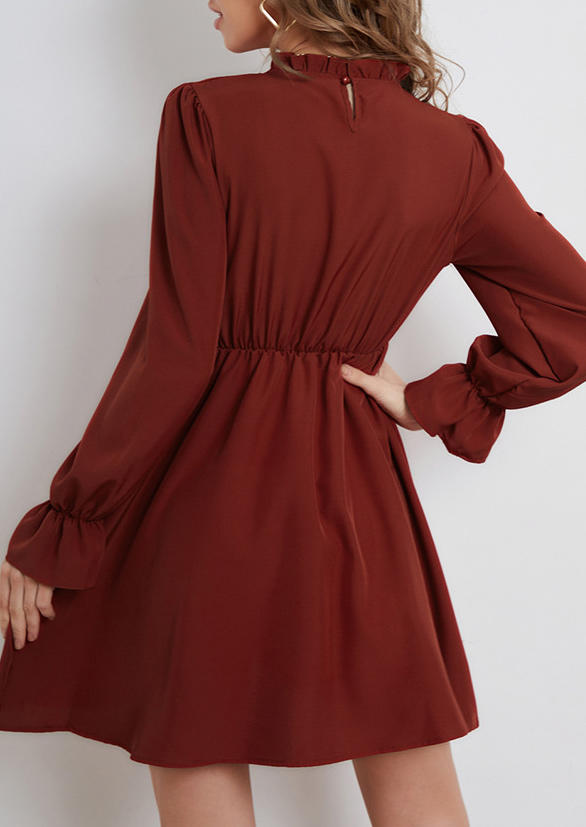 Ruffled Smocked Button Long Sleeve Mini Dress - Burgundy