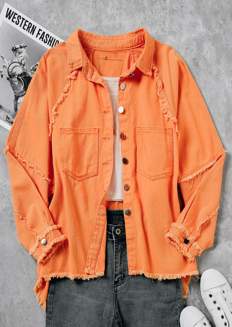 Coats Button Pocket Frayed Hem Shirt Coat in Orange. Size: M,XL