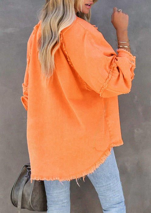 Button Pocket Frayed Hem Shirt Coat - Orange