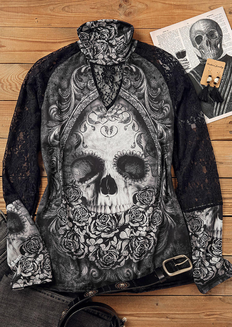 Blouses Halloween Skull Rose Lace Splicing Blouse in Black. Size: S