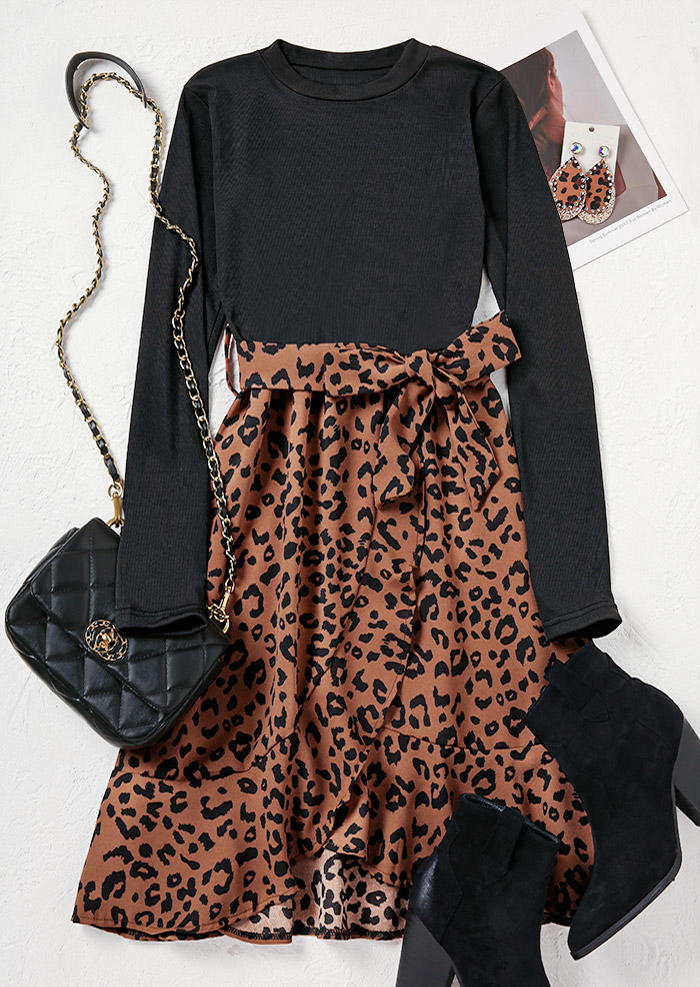 Mini Dresses Leopard Ruffled Tie Long Sleeve Mini Dress in Multicolor. Size: M,S