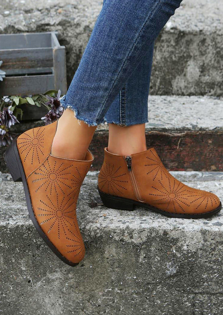 

Boots Floral Hole Zipper Ankle Boots in Brown. Size