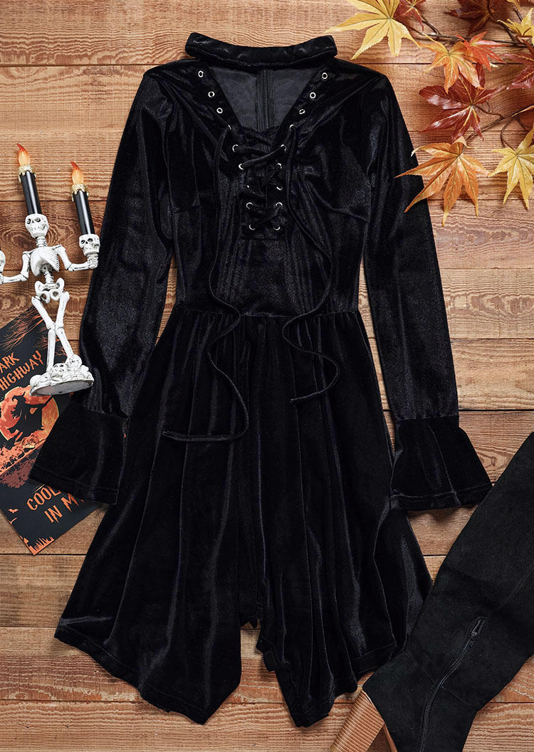 

Mini Dresses Halloween Ruffled Lace Up Zipper Long Sleeve Mini Dress in Black. Size