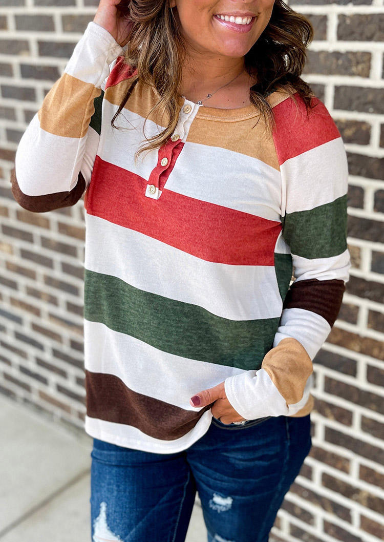 

Blouses Color Block Striped Button Long Sleeve Blouse in Multicolor. Size: L