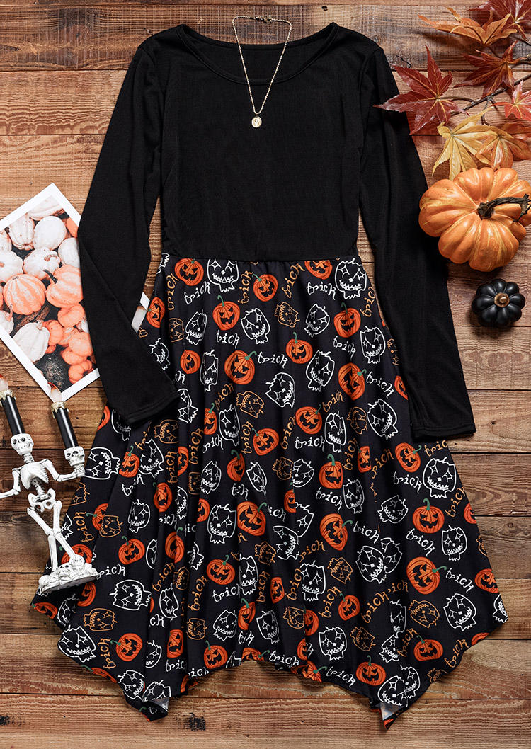 Midi Dresses Halloween Trick Pumpkin Face Zipper Asymmetrical Hem Midi Dress in Black. Size: L,M,S,XL