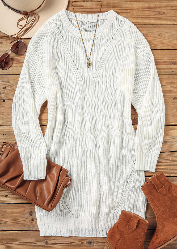 

Sweater Dresses Knitted Hollow Out Long Sleeve Sweater Dress in White. Size: L