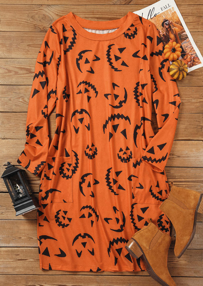 

Mini Dresses Pumpkin Face Pocket Long Sleeve Mini Dress in Orange. Size