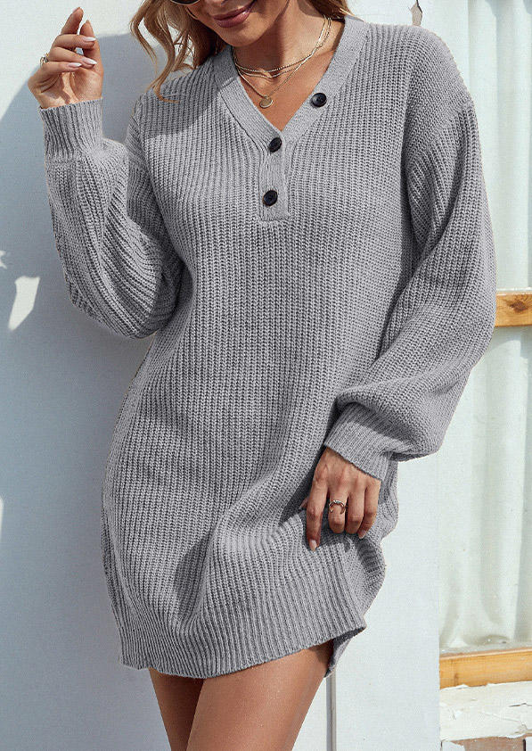 Sweater Dresses Button Long Sleeve Sweater Dress in Gray. Size: M,XL