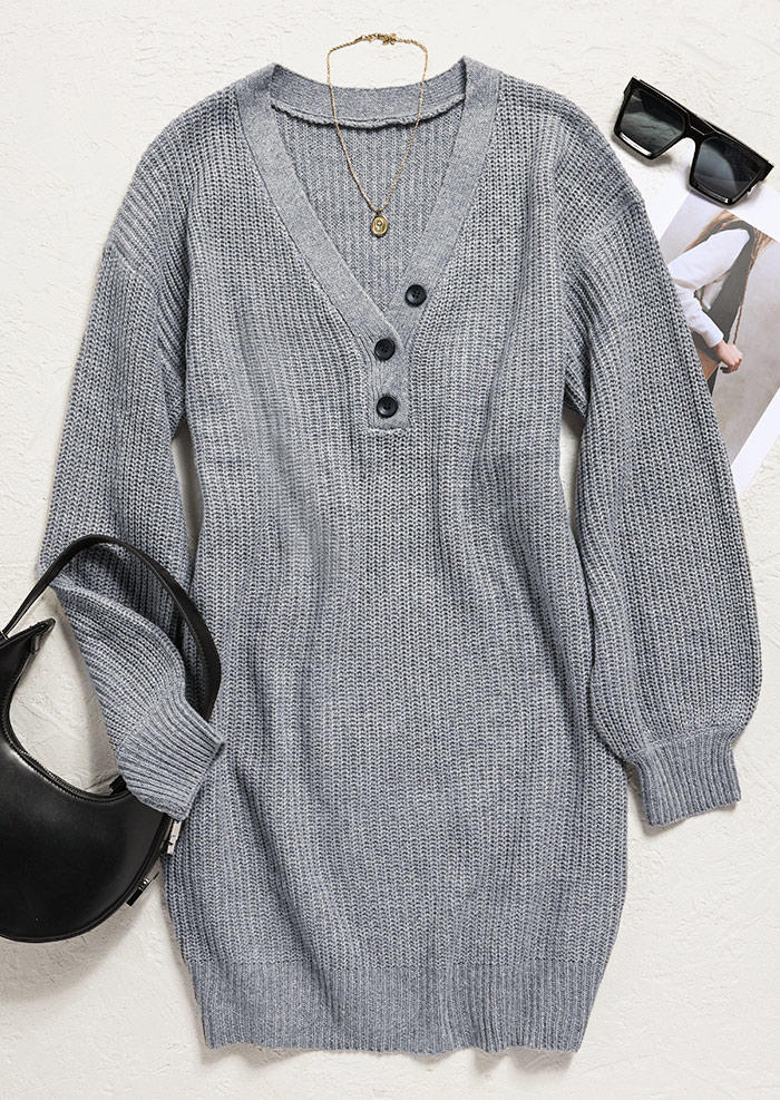 Button Long Sleeve Sweater Mini Dress - Gray