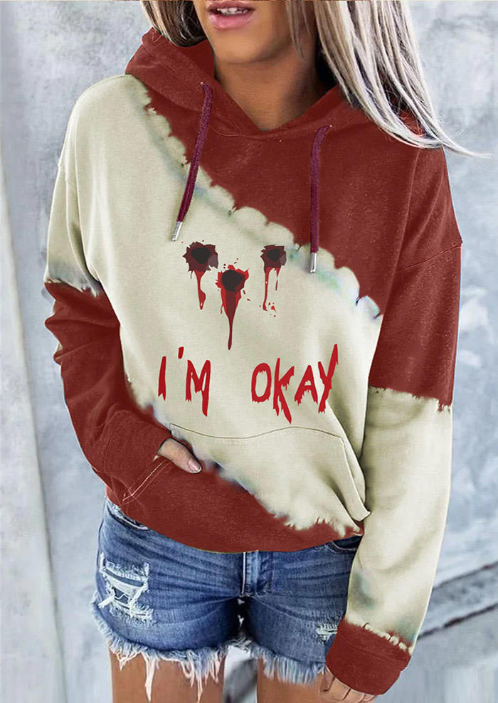 

Hoodies Halloween I'm Okay Color Block Kangaroo Pocket Hoodie in Red. Size: L,M,,XL