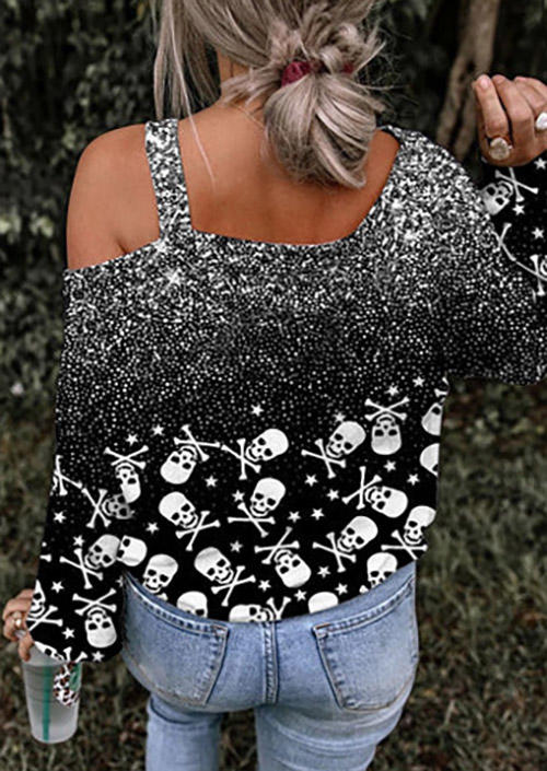 Blouses Gradient Glitter Skull Long Sleeve Blouse in Black. Size: L,M,S,XL