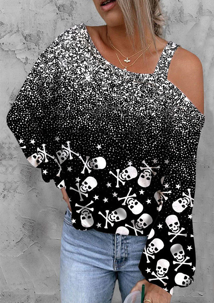Gradient Glitter Skull Long Sleeve Blouse