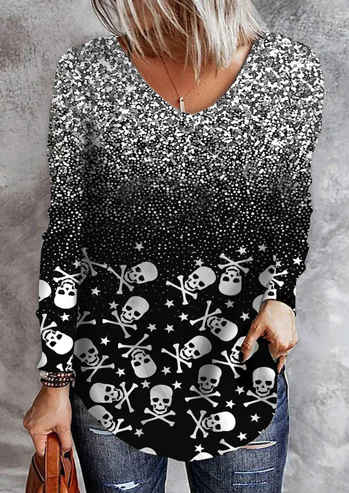 

Blouses Gradient Glitter Skull V-Neck Blouse in Black. Size: L,M,,XL