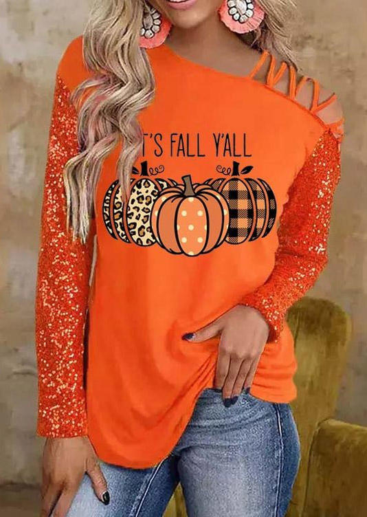 Blouses It's Fall Y'all Plaid Leopard Polka Dot Plaid Pumpkin Sequined Blouse in Orange. Size: L,S