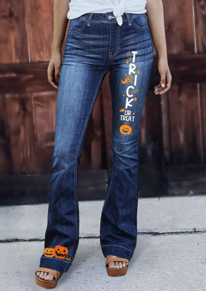 

Pants Halloween Trick Or Treat Pumpkin Face Denim Pants in Blue. Size: L,M,,XL