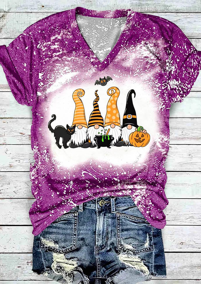 T-shirts Tees Halloween Pumpkin Face Bat Cat Gnomies T-Shirt Tee in Purple. Size: L,M,S