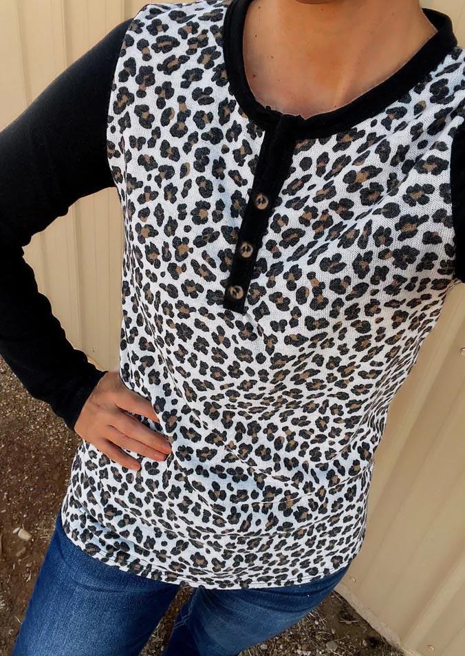 Leopard Button Long Sleeve Blouse