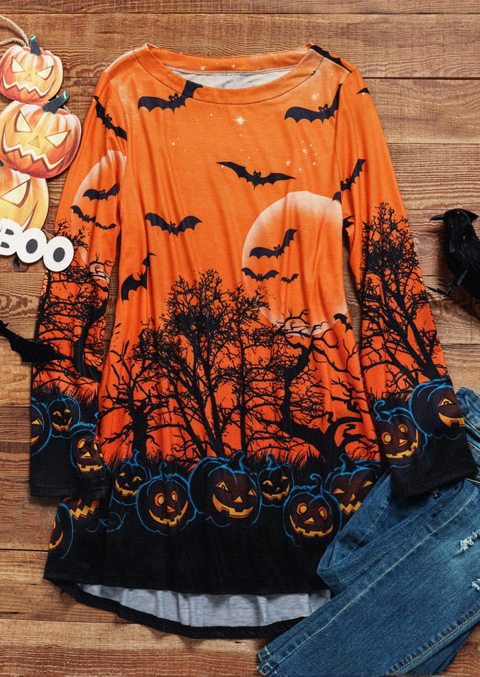 Blouses Halloween Pumpkin Face Bat Long Sleeve Blouse in Orange. Size: L,M,S