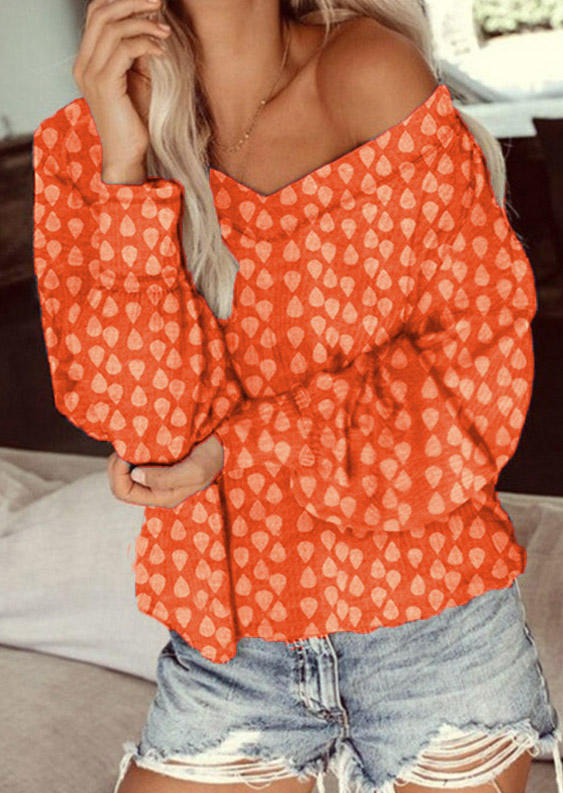 Blouses Long Sleeve V-Neck Casual Blouse in Orange. Size: L,M,XL