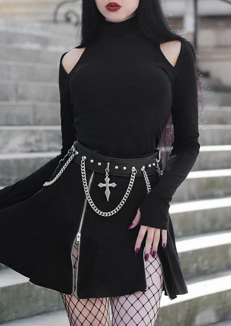 Mini Dresses Halloween Zipper Cold Shoulder Mini Dress without Belt in Black. Size: L,M,S,XL