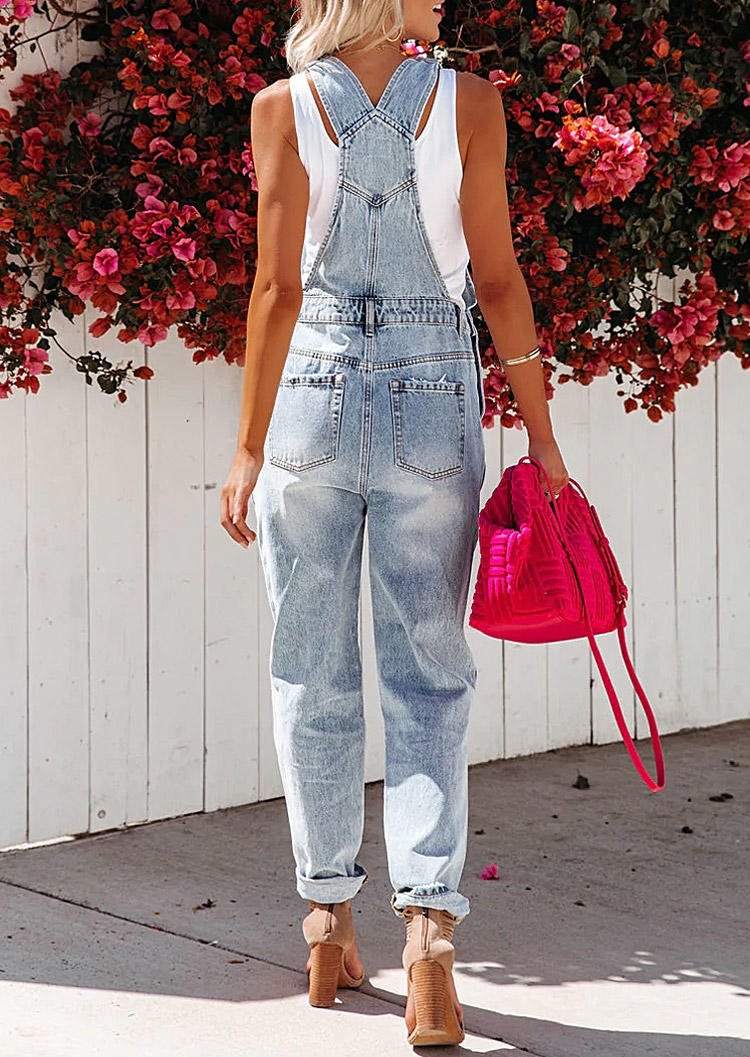 Ripped Hole Pocket Overall Jumpsuit - Light Blue