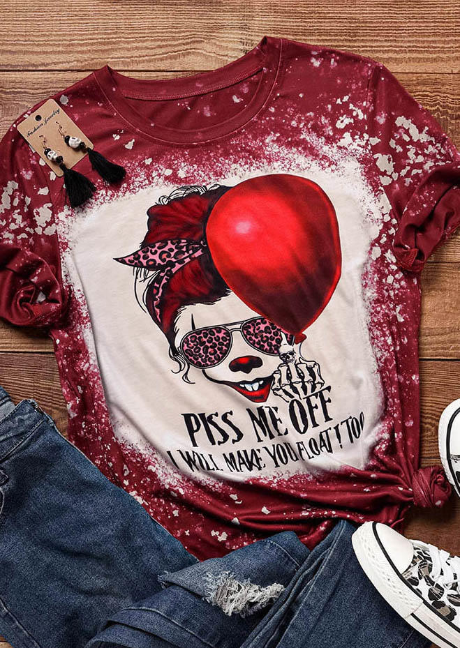 T-shirts Tees Halloween Piss Me Off I Will Make You Float Too Skeleton Hand Bleached T-Shirt Tee in Red. Size: L,M,S