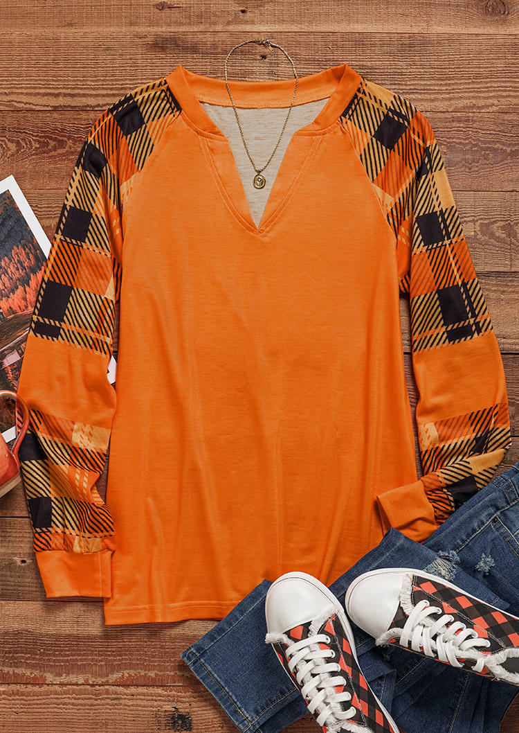 Blouses Plaid Notched Neck Long Sleeve Blouse in Orange. Size: S