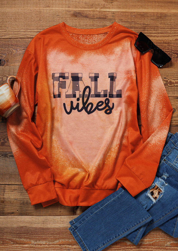 Fall Vibes Plaid Bleached Pullover Sweatshirt - Orange