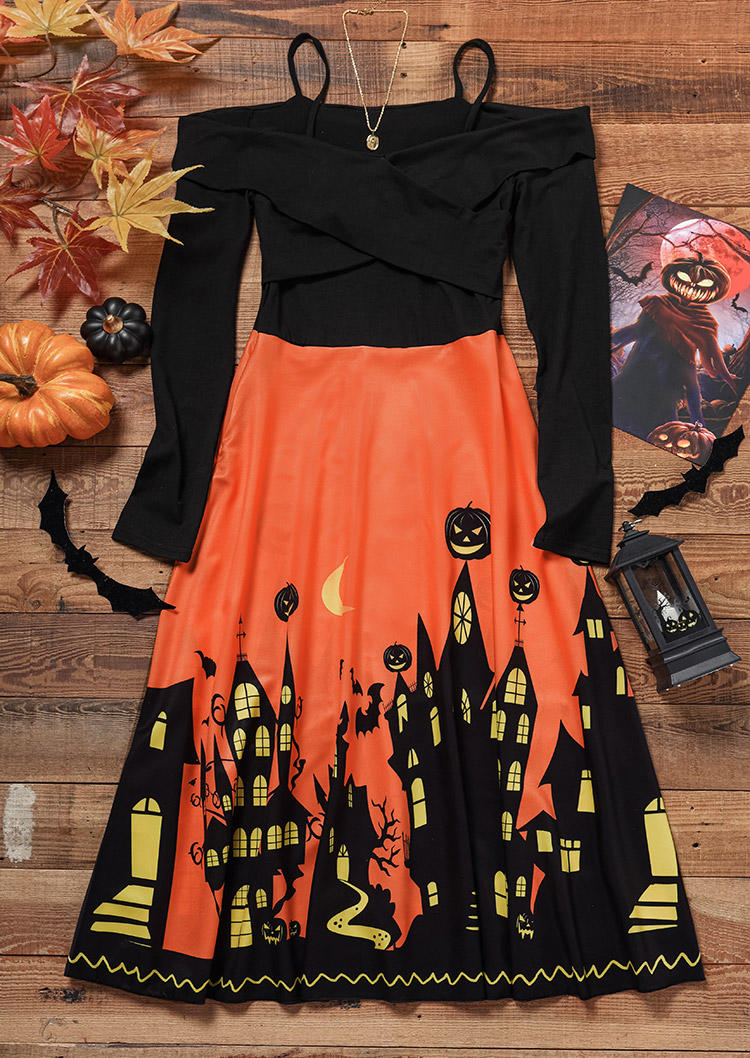 Midi Dresses Halloween Pumpkin Face Zipper Midi Dress in Black. Size: L,M,S,XL